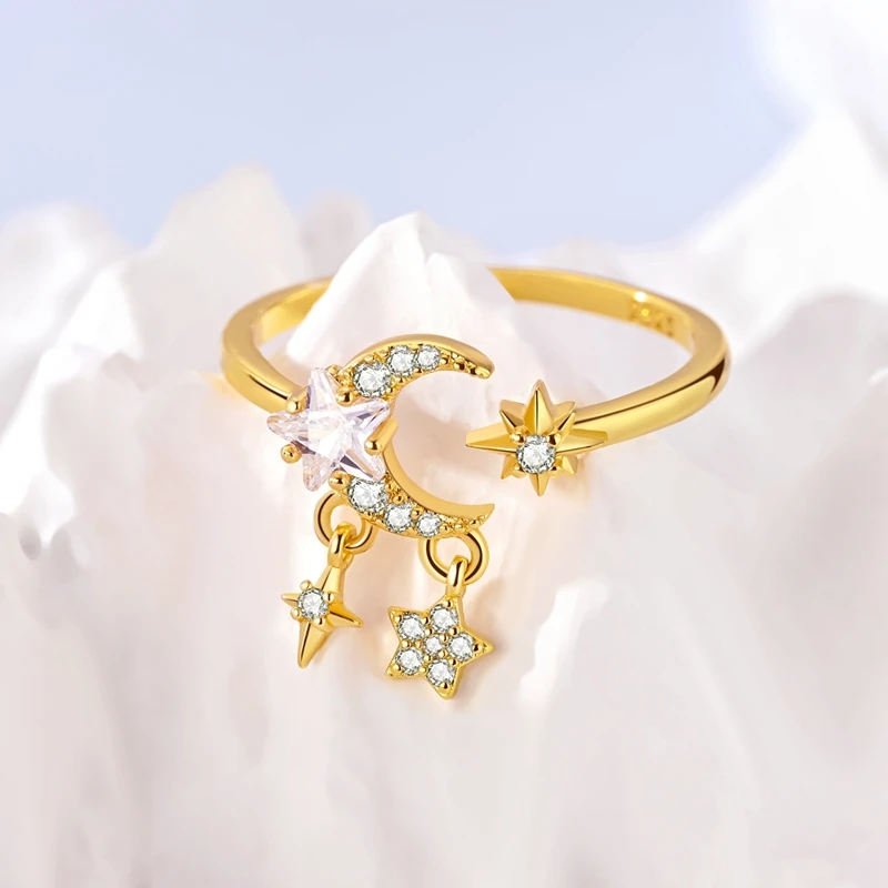 Anillos abiertos originales de Plata de Ley 925 con forma de ojo dorado, estrellas, Luna, corazón, joyería para mujeres y niñas, regalos de aniversario de cumpleaños