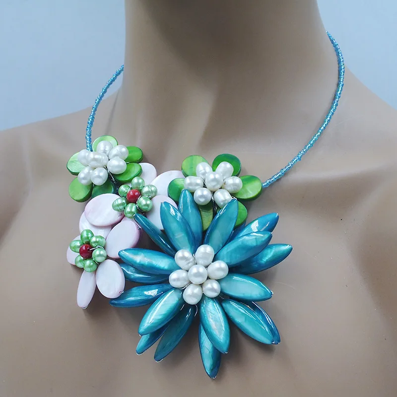 Latest Design Natural Shell Weaving Flower Necklace 19”