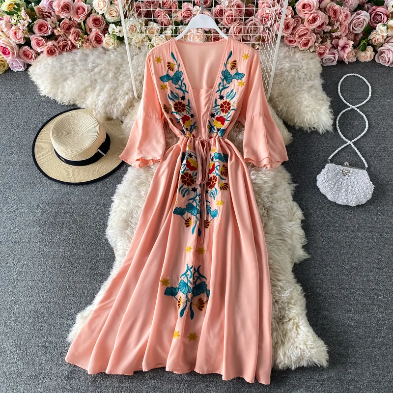 LY VAREY LIN 2022 New Spring Summer Women V-neck Embroidery Midi Dresses Casual Flare Sleeve Bohemian Female Dresses