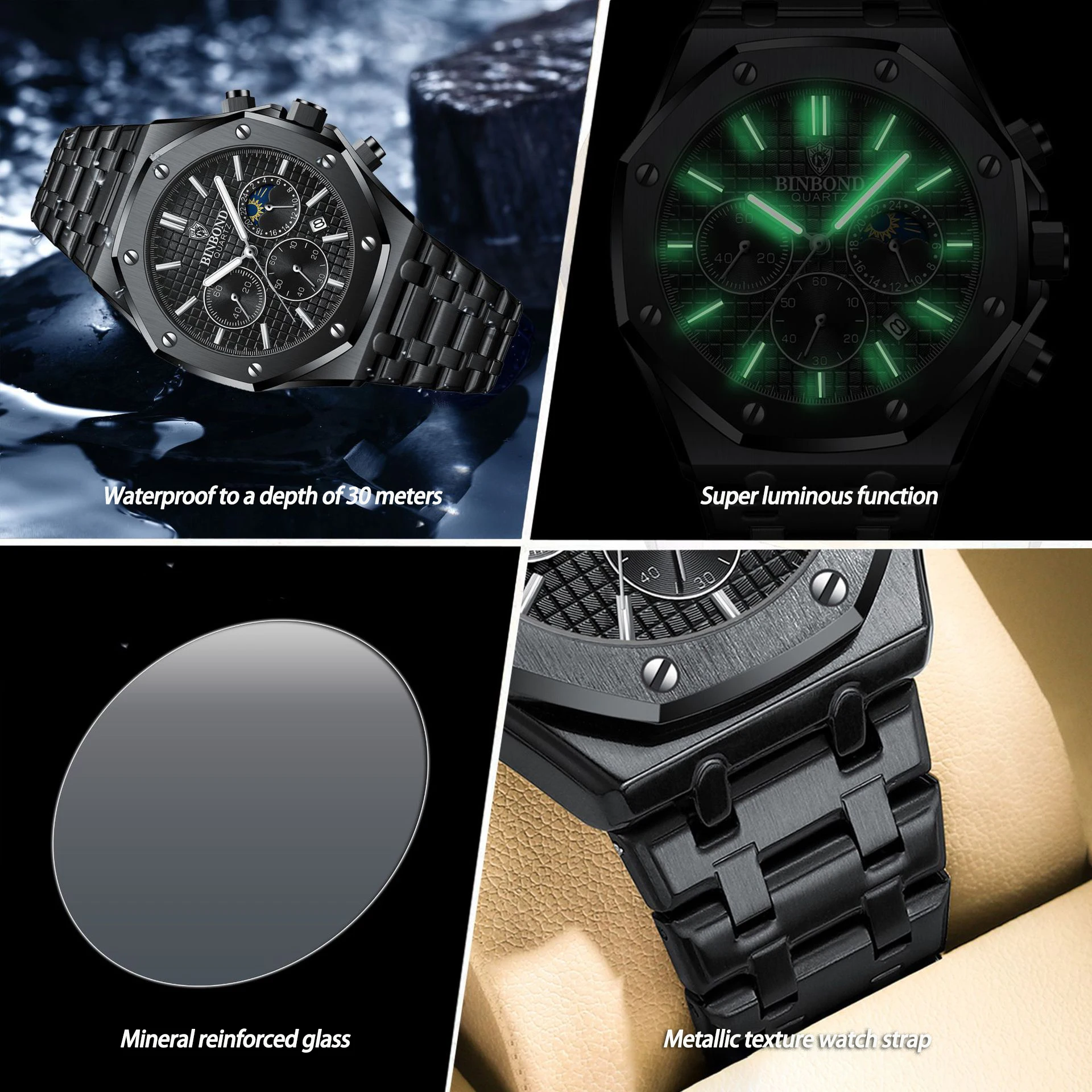 Cq316 novo relógio masculino, high-end três olhos seis agulha fase da lua tira de aço relógio de quartzo, relógio de luxo leve presente relógios para homem