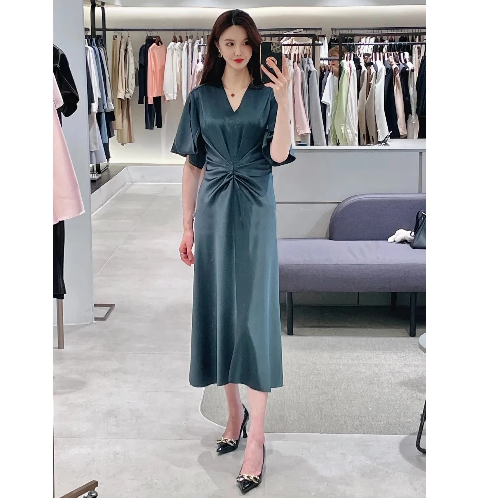 

Элегантная юбка-трапеция с высокой талией из драпированного шелкового атласа для весны и лета, с V-образным вырезом, на молнии, для повседневной носки