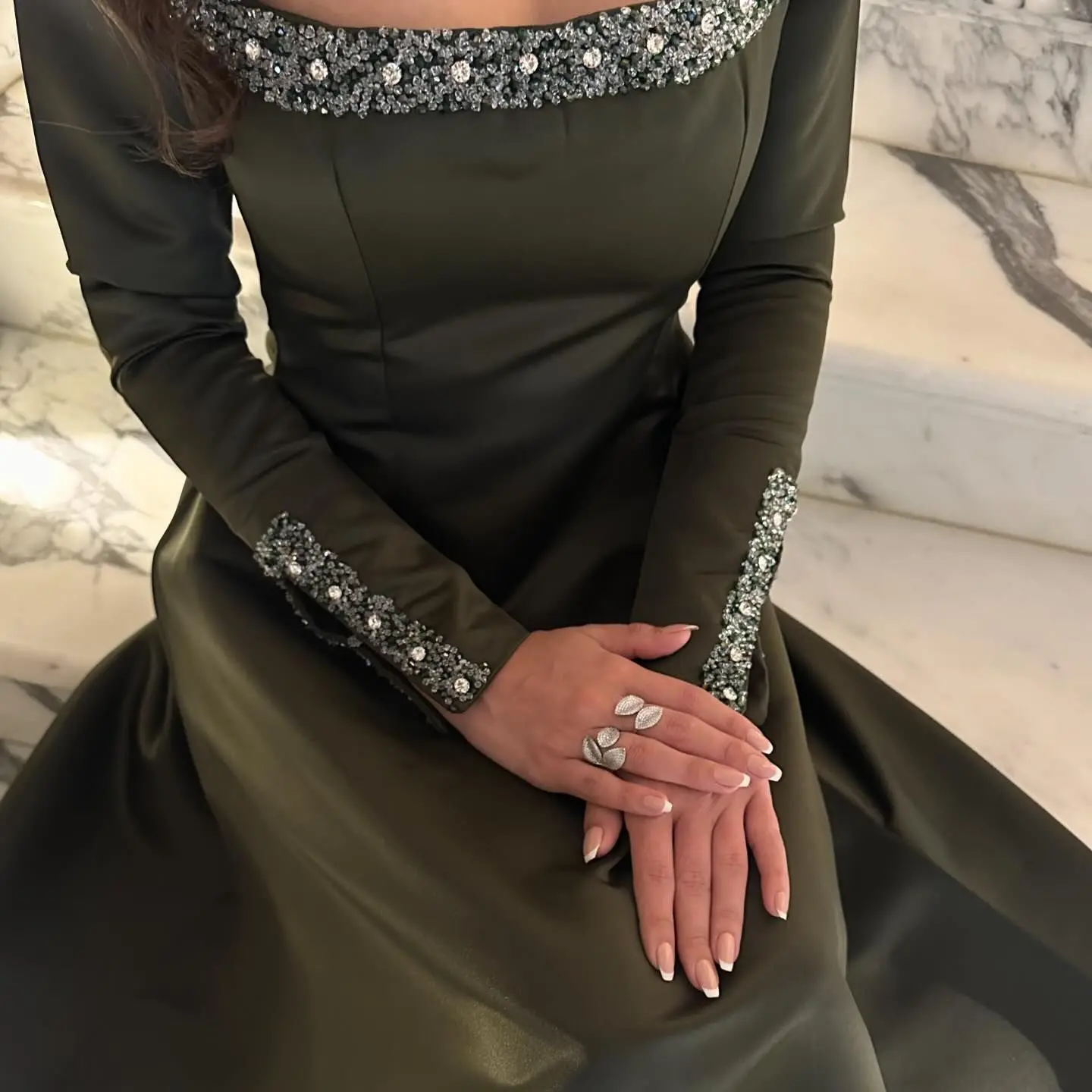 Jirocum Elegant Beaded Prom Dress Women Square Neck Long Sleeve customized Evening Gown Ankle Length Special Occasion Dresses