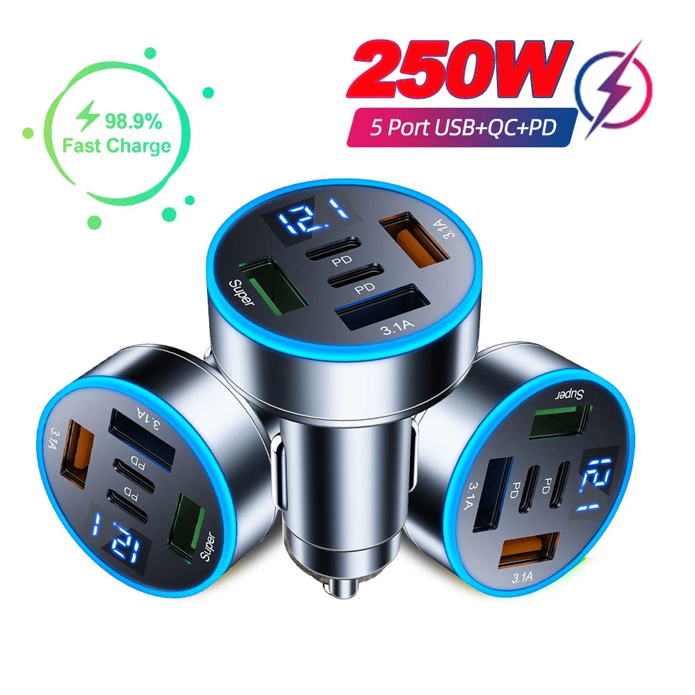 250W Car Charger 3 Ports USB 2PD Fast Charge 5in1 Car Cigarette Lighter Plug 5 Port Car Charger Fast Charge with Voltage Display