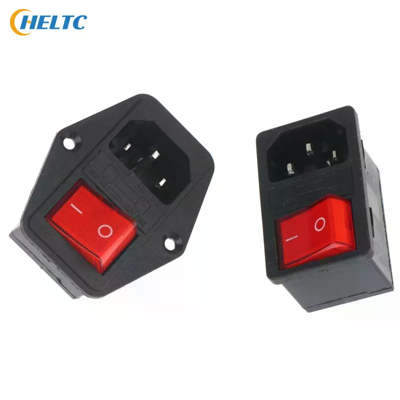 IEC320 C14 Electrical AC Socket 3 Pin Red LED 250V Rocker Switch 10A Fuse Female Male Inlet Plug Connector Embedded Socket Mount