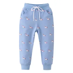 Jumping Meters Hot Selling Blue Drawstring Baby Sweatpants Full Length Toddler Kids Trousers Unicorn Print Girls Pants