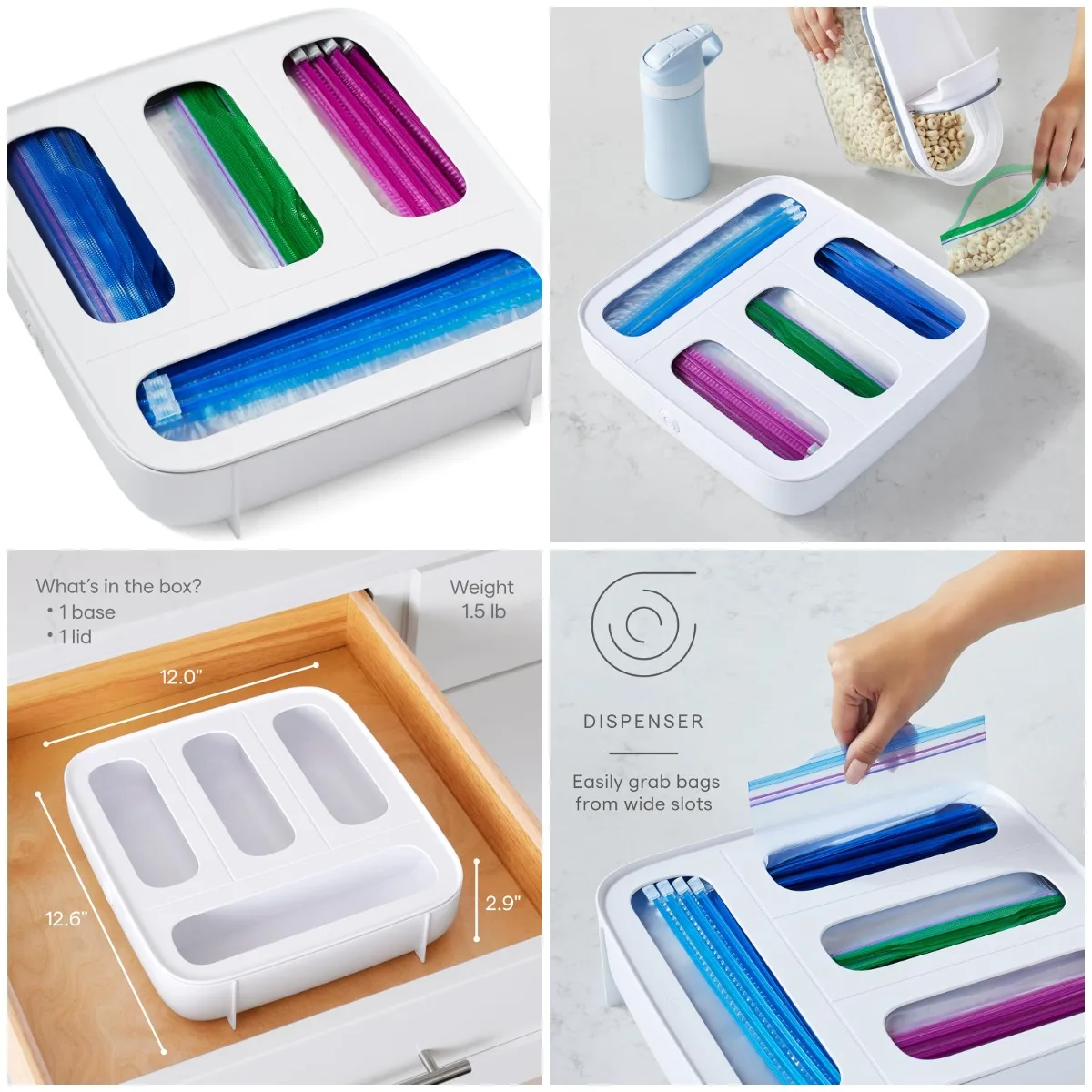 

StoraBag Food Bag Dispenser, Family Size 4-Slot, Plastic Sandwich Bags Drawer Organizer for Kitchen Storage