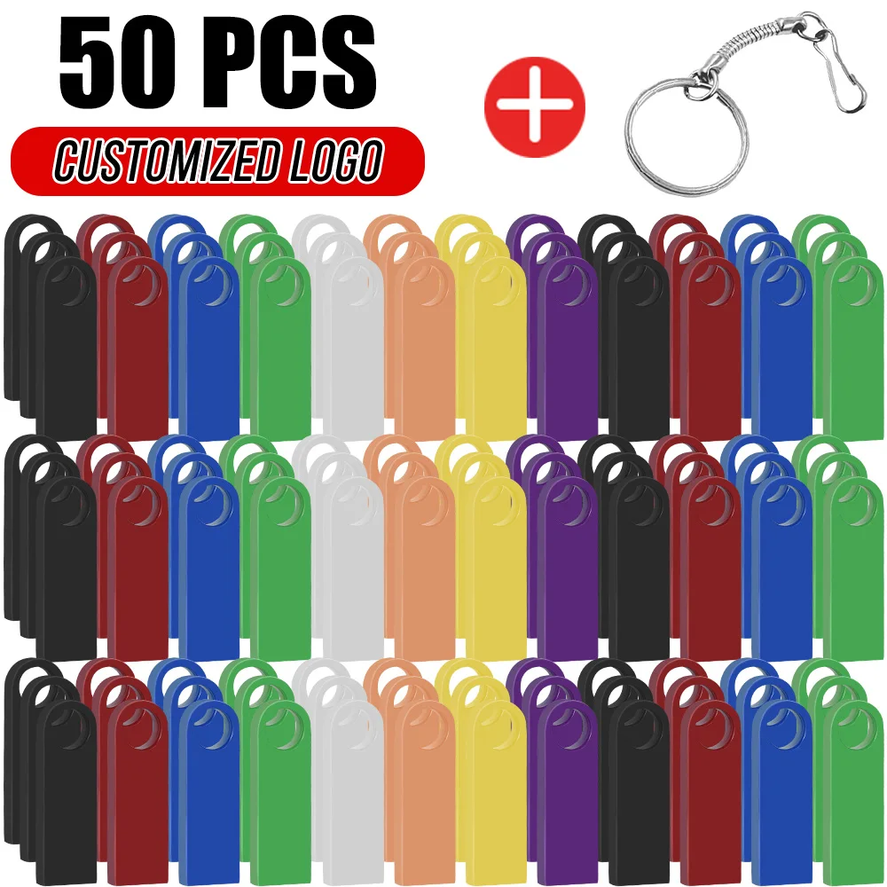 50Pcs/lot USB 2.0 Pen Drive Memory Stick 128GB 64GB Metal Key Chain Flash Drive 32GB 16GB 8GB 4GB U Disk Free Custom Logo