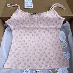 Cute Little Bear Print Hollow Out T-shirts Women Summer New Bow Lace Trim Cotton Pink Short Sleeve Tees Sweet Harajuku Chic Tops