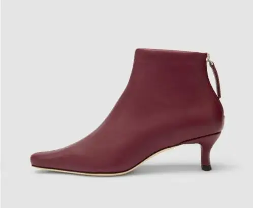 

Burguny Black Matte Leather Pointed Toe Zipper Back Kitten Heel Ankle Boots Women Fashion High Heel Concise Short Booties Shoes