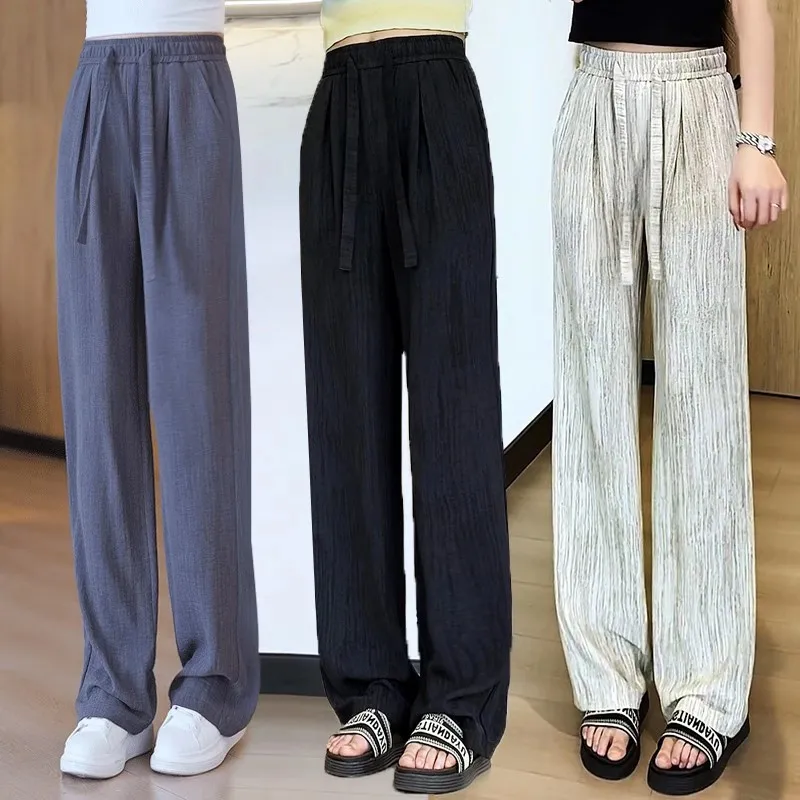 IJszijde broek met wijde pijpen voor dames zomer 2022, nieuwe luie Amerikaanse casual vloerbroek met hoge taille en trekkoordtextuur