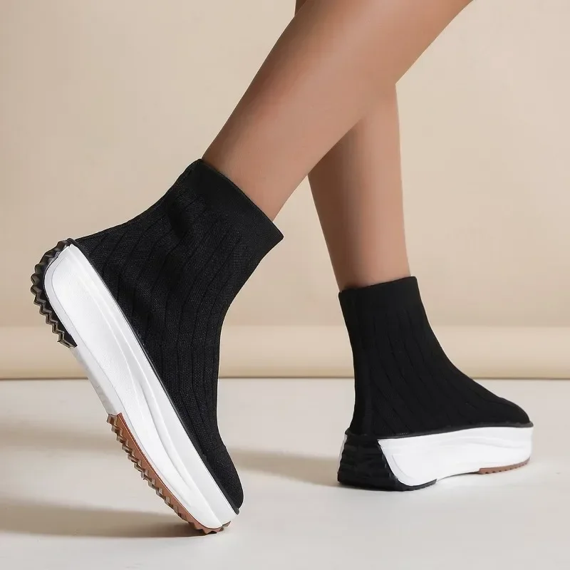 Women Shoes New Women\'s Boots Fashion Stretch Knit Sock Boots Autumn Winter Short Tube Platform Ankle Boots Female