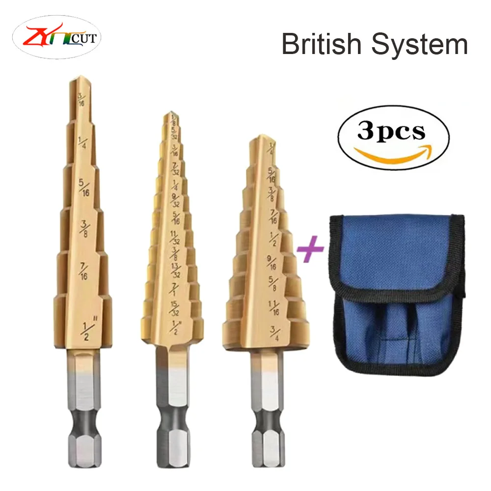 3Pcs set of 3-12mm 4-12mm 4-20mm Pagoda Drill Bits With Hexagonal Shank Straight Groove Ti Plated Stepped Drill Bits