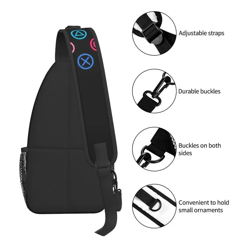 Botões do controlador do jogo de vídeo símbolos estilingue saco de peito personalizado ombro crossbody mochila para homens viagem caminhadas daypack