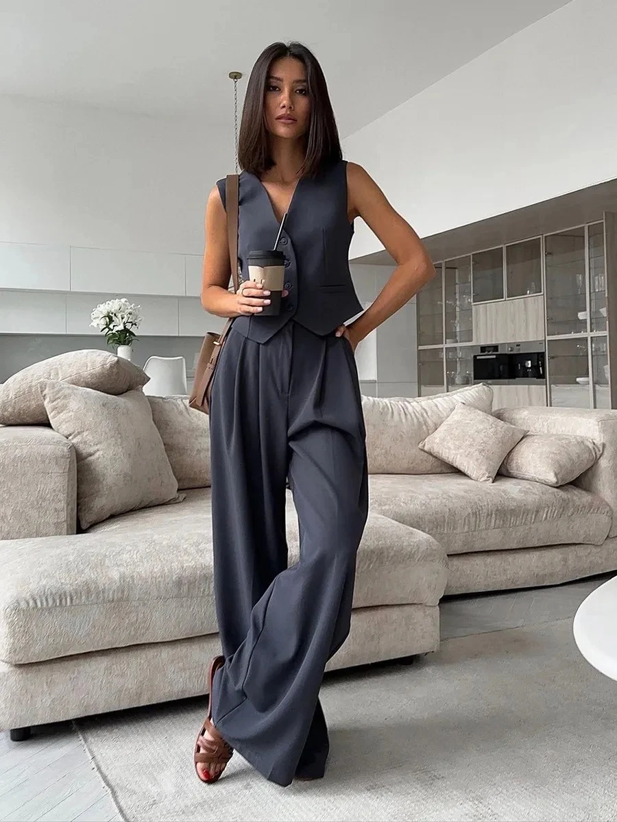 Fashion Elegant Gray Office 3 Piece Sets Women Vest Outfit Long Sleeve Blazer Coat With High Waist Pants Set Female