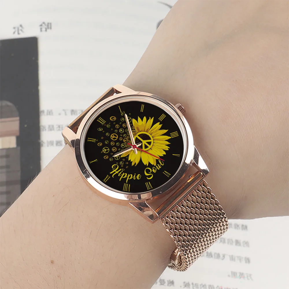 Hippie Soul Sunflower Design Silver Man Personality Watch Traditional Pointer Simple Fashion Watches Gift Black Rose Gold Case