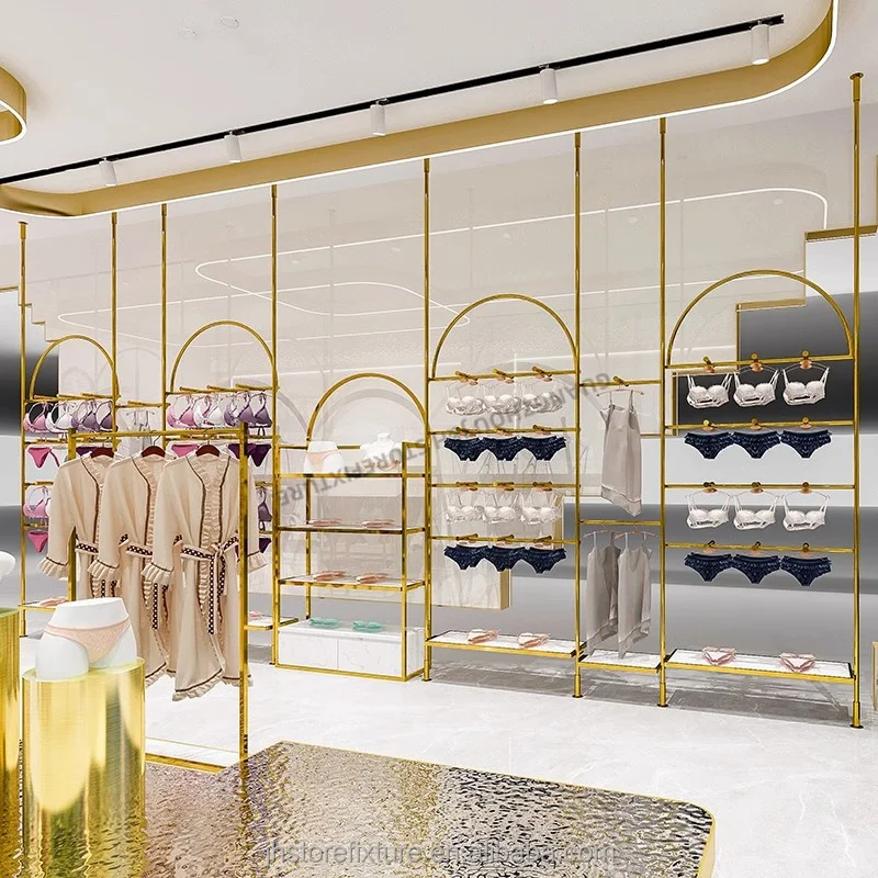 Fabrikpreis Freistehendes Dessous-Display-Regal aus Edelstahl, glänzendes Gold, Dessous-Display-Ständer, Unterwäsche-Display-Rack