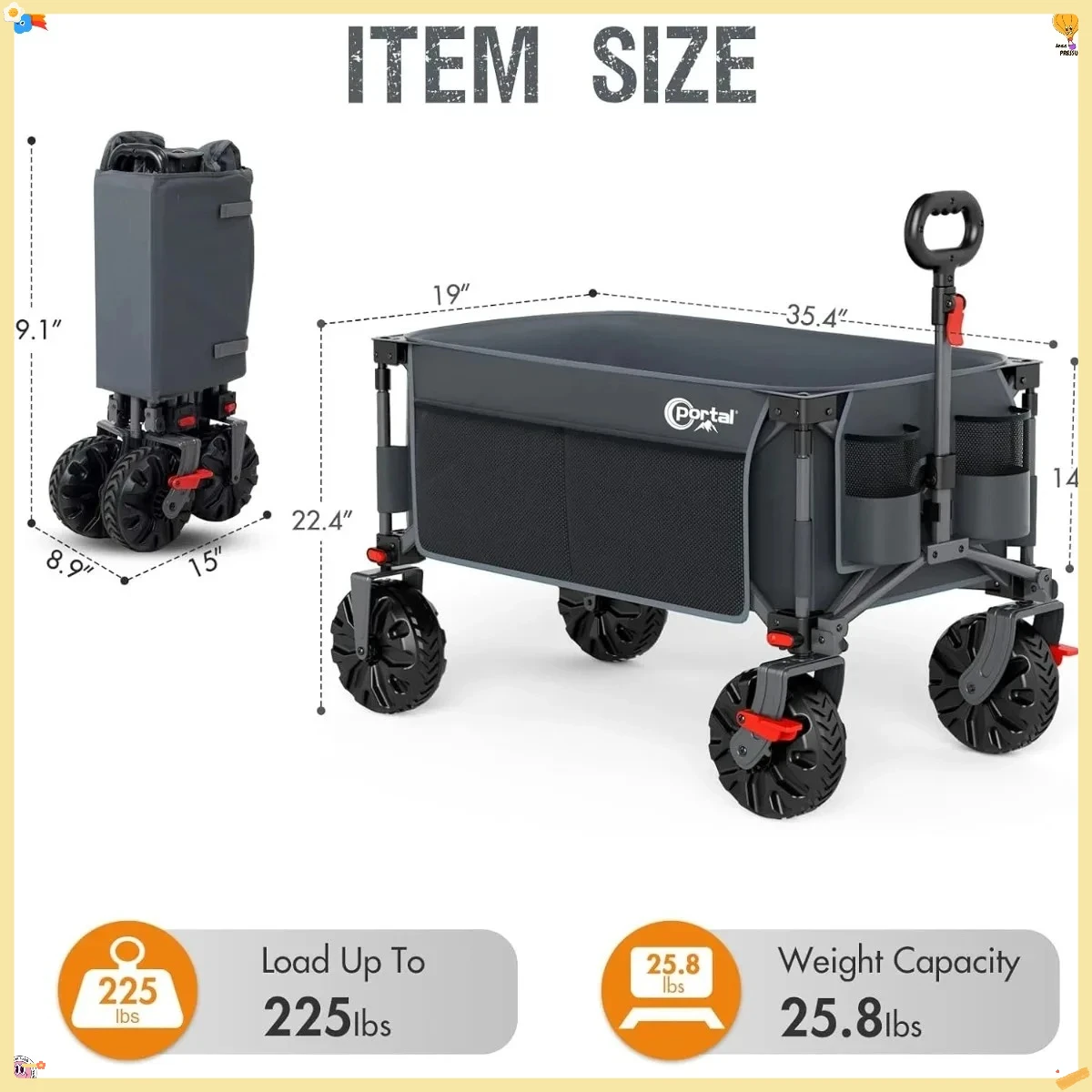 

Heavy Duty Folding Wagon with Brakes, All-Terrain Utility Cart for Camping Beach Picnic, Portable Collapsible Cart