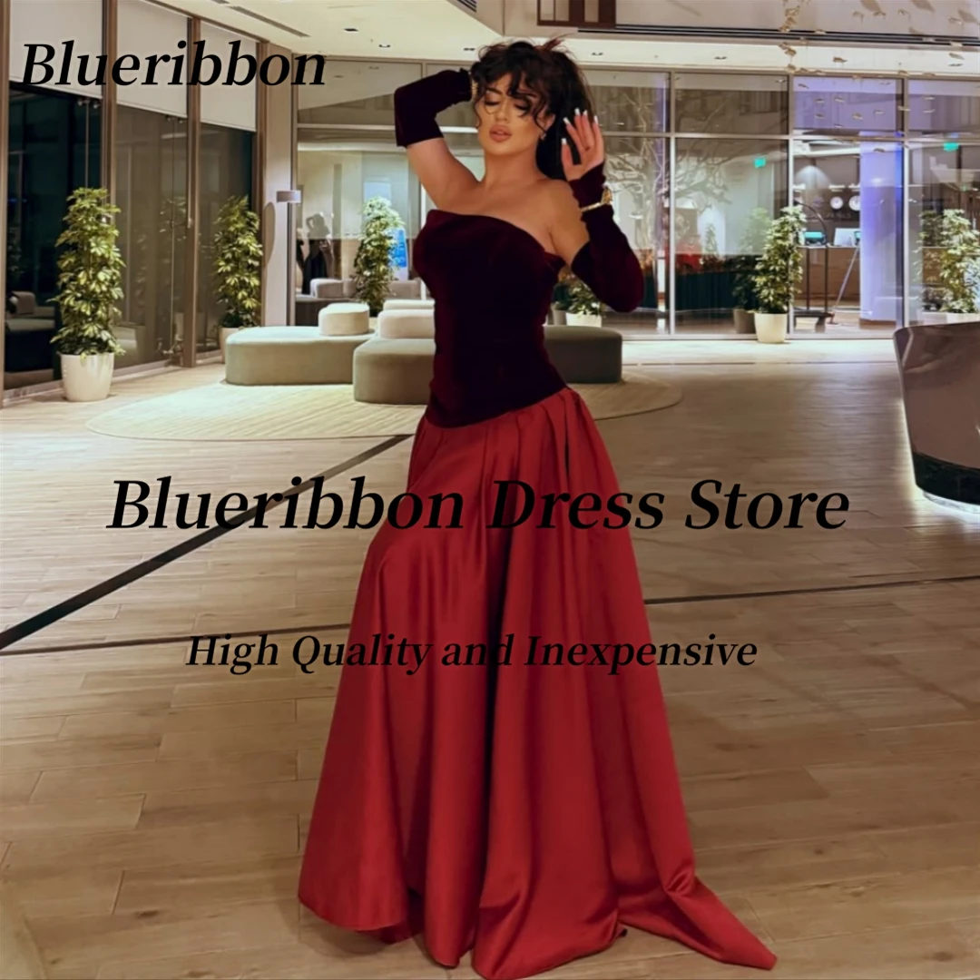 

Blueribbon Customized Velour Top Prom Dresses Strapless Long Sleeves Evening Gowns Ruched Satin Vestidos Des Noches