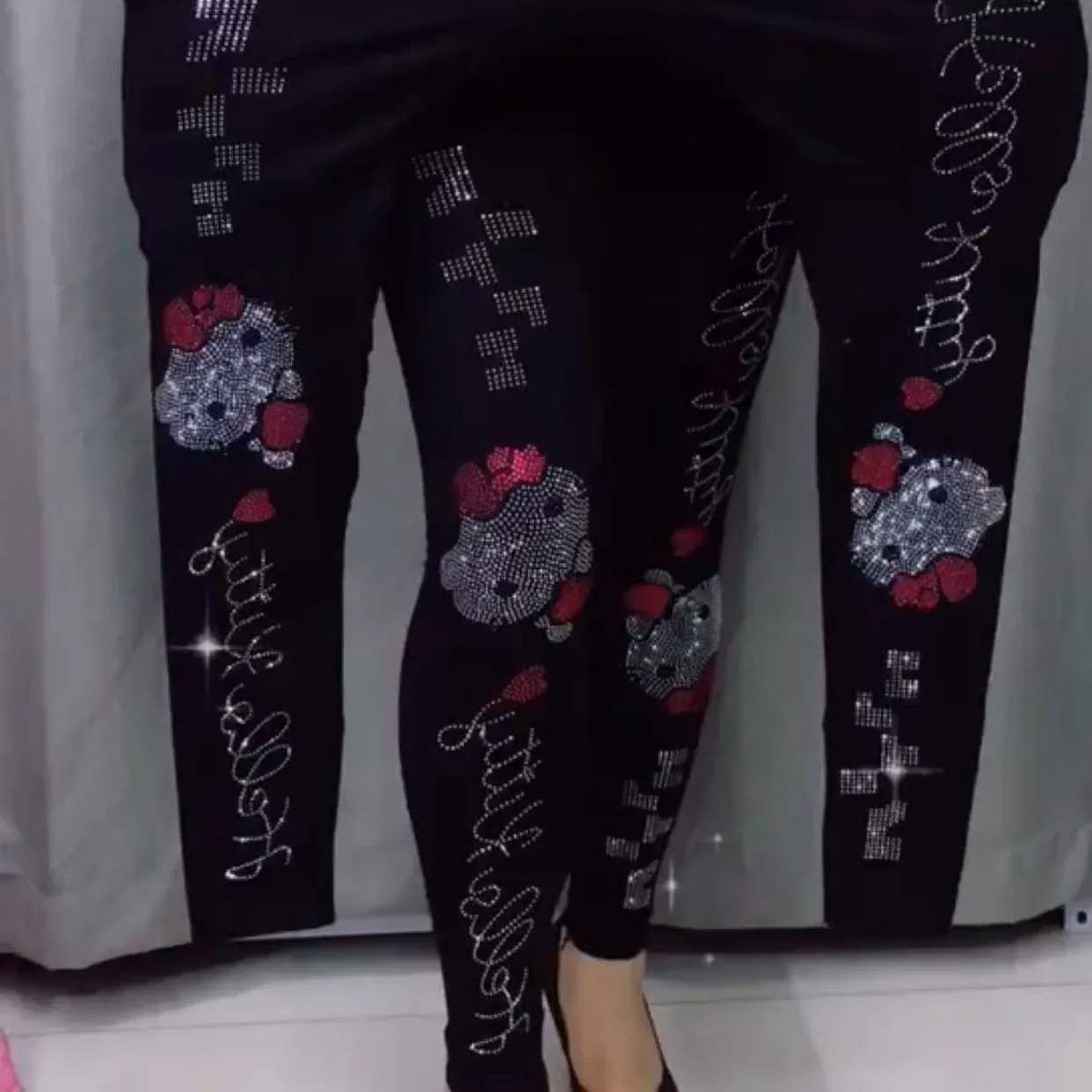 Women's High Waist Diamond Cropped Leggings Plus Size Slim Fit Cartoon Rhinestone Stretchy Casual Pants for Girls Drop Shipping
