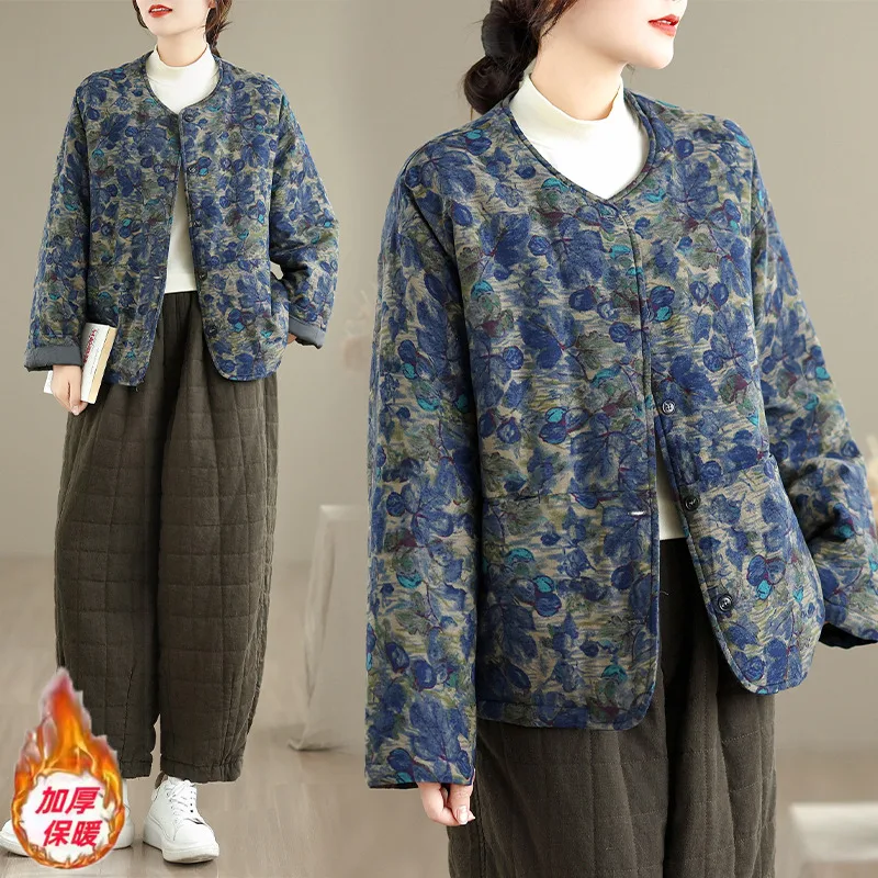 

plus Size Thiened Cotton Jaet Floral Print Autumn Winter New Sle Women's Outerwear Commute Sle Long Sve Button Clo...