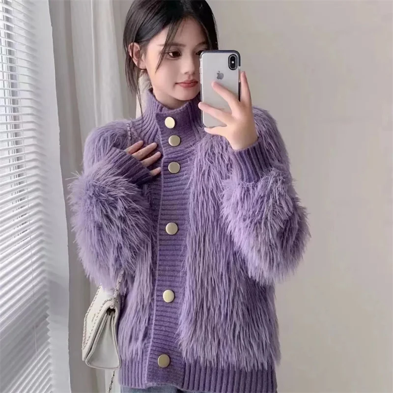 Female New High-end Temperament Thick Loose Fur Knitted Jacket 2024 Autumn Spring Women\'s Mink High Neck Sweater Casual Cardigan