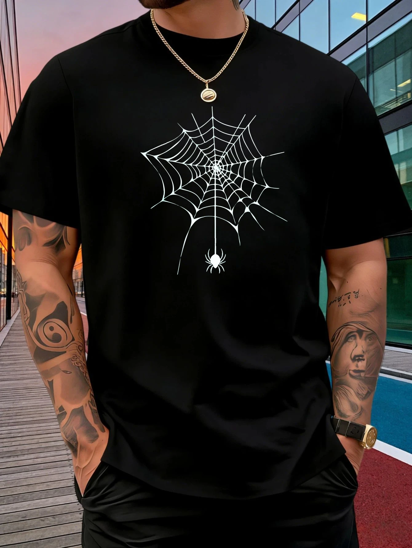 Male Cotton Short Sleeve T Shirt Spider Hanging On Web Pattern Loose Crew Neck Street Casual Summer Tees For Young Adult Men
