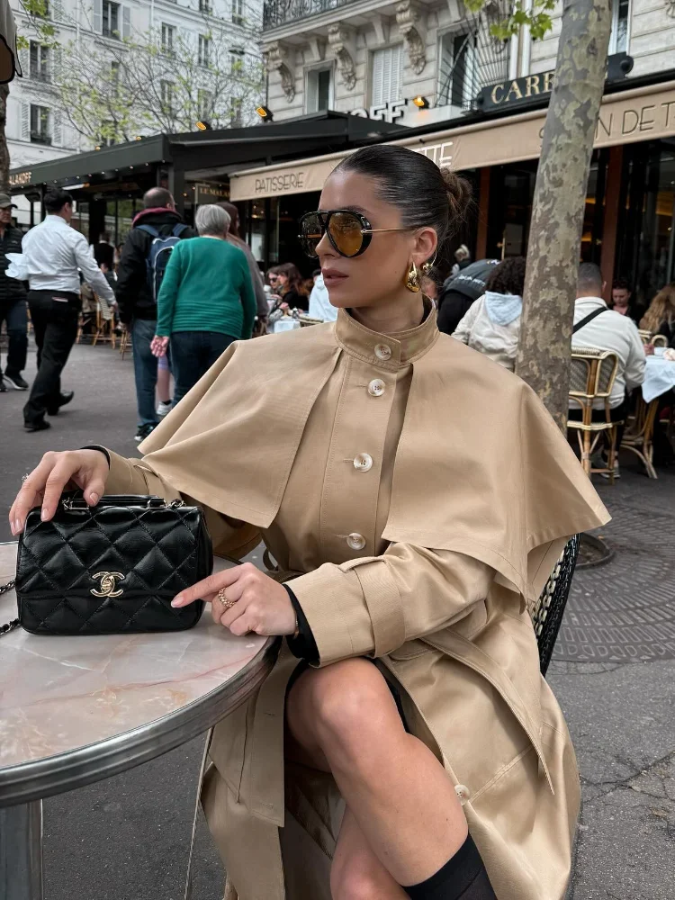 

Women Shawl Stand Collar Trench Coat Fashion Lace Up Waist Cinching Long Sleeve Single Breasted Coats 2025 Autumn Commute Outfit