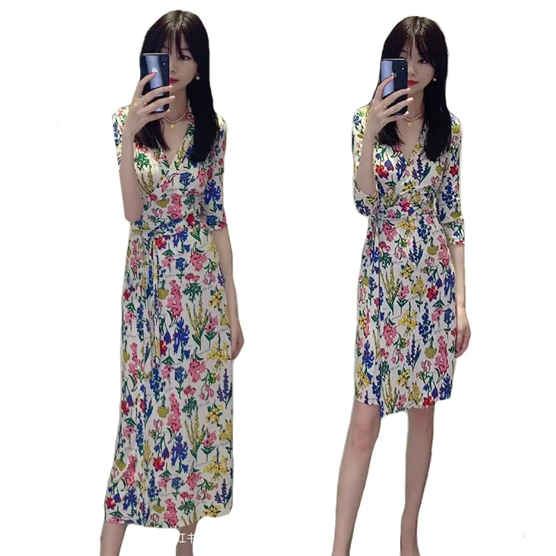 달콤한 여름 플로럴 프린트 드레스, 신축성 있고 피부 친화적인 원피스, 허리 조절 벨트, 바디콘, 미디 기장 A라인 스커트