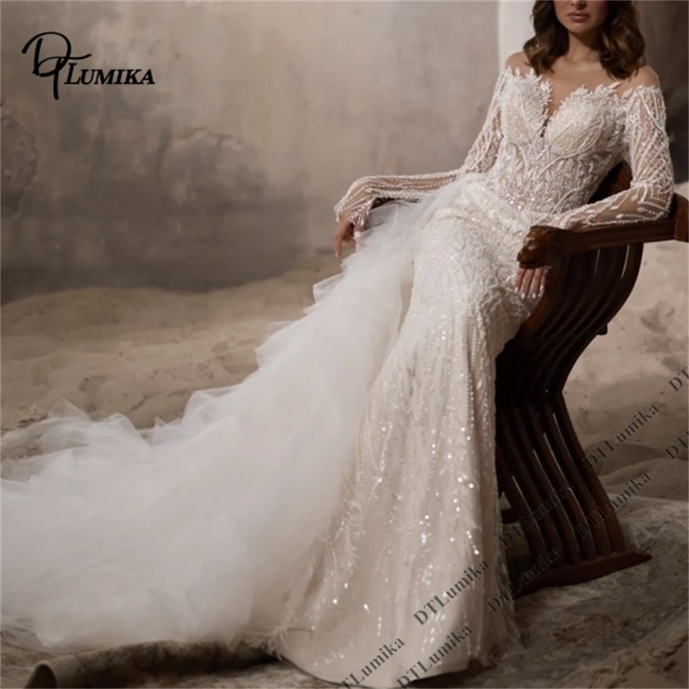 

DTLumika Sparkle Mermaid Wedding Dress with Detachable Mesh Train, Full Sleeves Lace Long Bride Dresses Customized Bridal Gown
