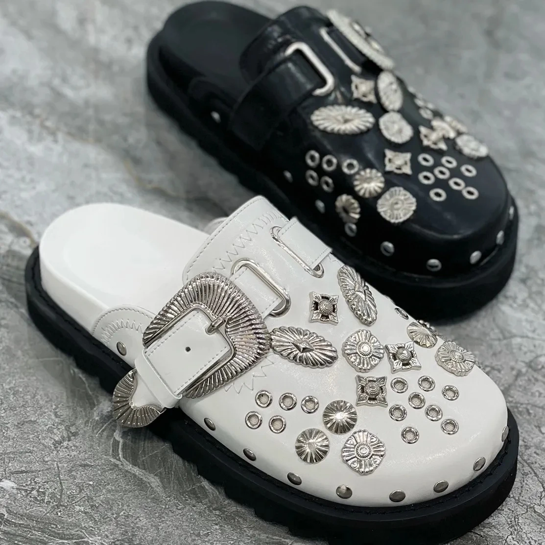 2023 Summer Women Slippers Platform Rivets Punk Rock Leather Mules Creative Metal Fittings Casual Party Shoes Female Outdoor