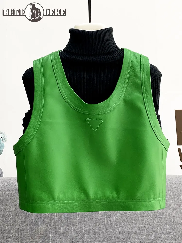 Women Casual Sheepskin Genuine Leather Vest Top Sleeveless Slim Fit Short Style Waistcoat Streetwear Pullover Vests Solid Colors