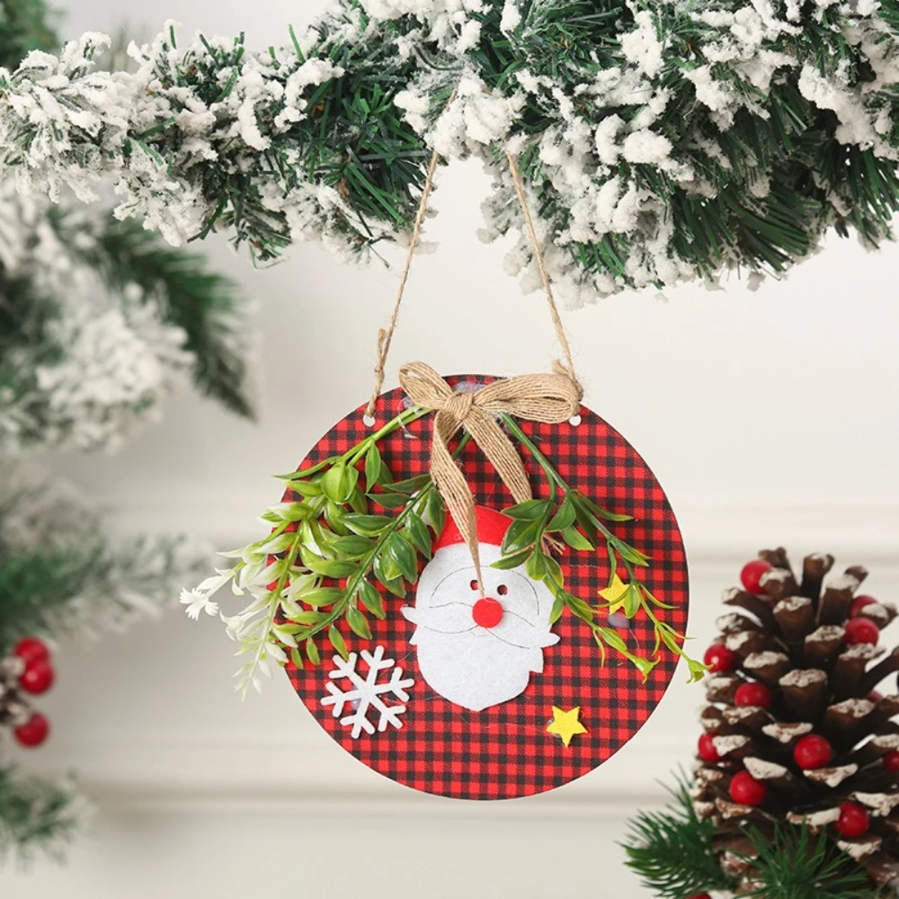 

Red Old Man Snowman Reindeer Christmas Wreath Door Hanging Patchwork Wooden Doorplate Christmas Wreath Round Christmas Pendant