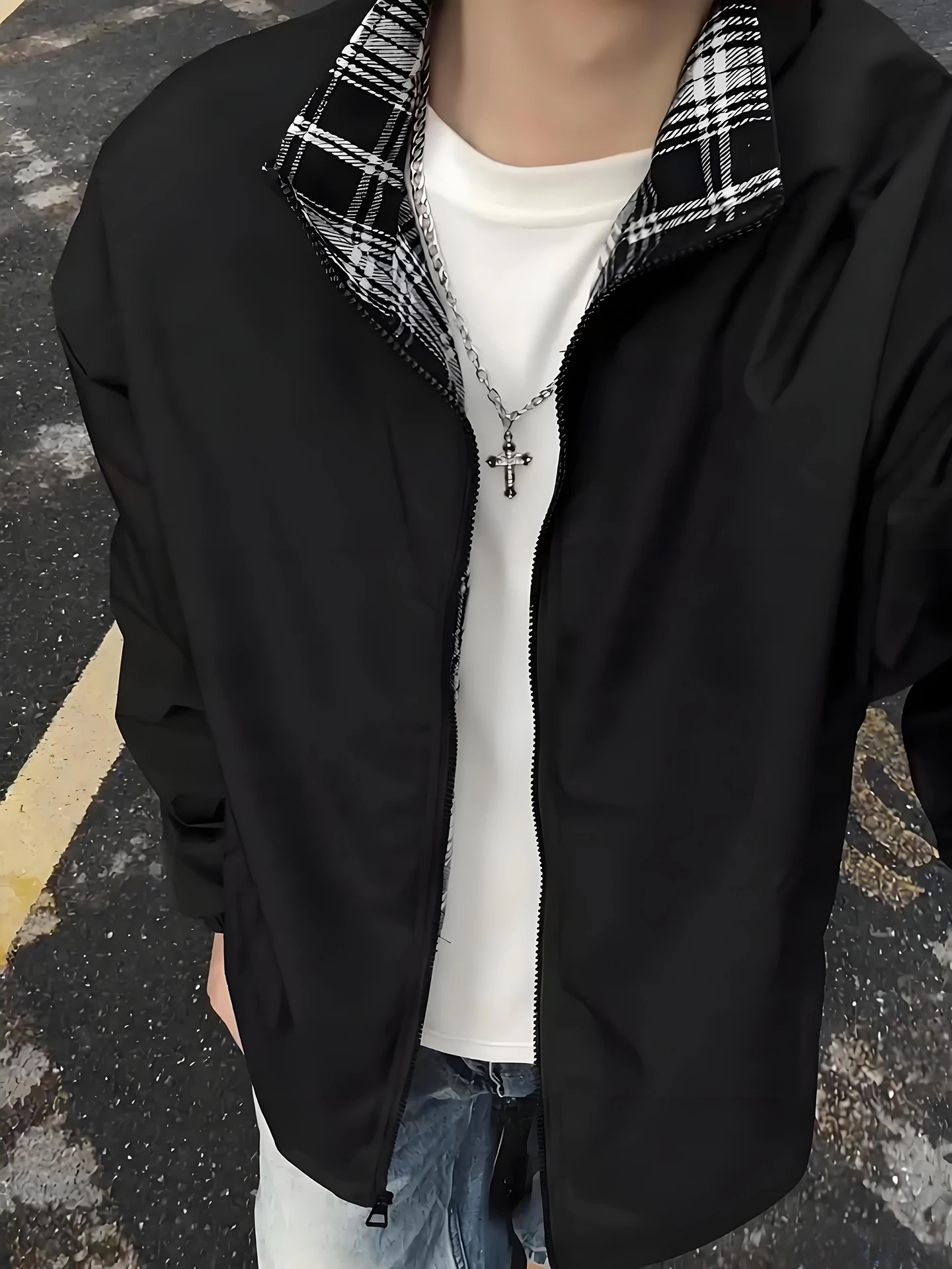 

American Plaid Splicing Baseball Jaet Men's Spring Faion High Quali Couple's Design Collar ort Ball Game Coat