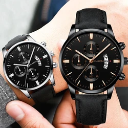 Reloj con correa de cuero y caja de acero inoxidable para hombre, reloj de pulsera de cuarzo para negocios, relojes militares de lujo para hombre, reloj con calendario