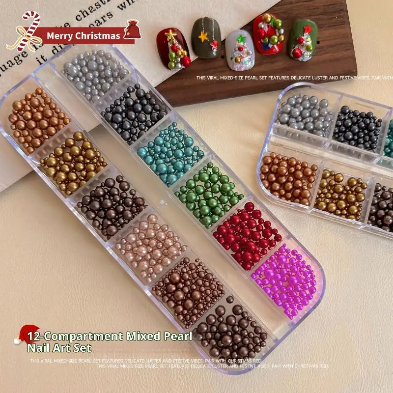 12 Grids Mixed Round Pearls Colourful Stereoscopic Nails Art Decoration Nail Rhinestones Nail Charm Nail Accessories DIY