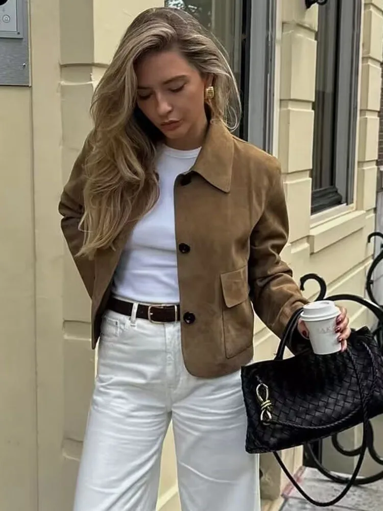 HH Women's Autumn New Fashion Vintage Solid With Pockets Suede Coats Female Lapel Single Breasted High Street Casual Jacket