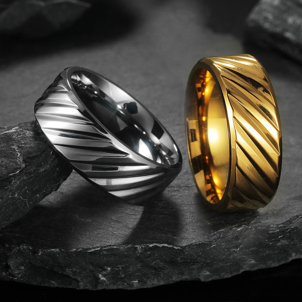 Silver Color Black Stainless Steel Multi-Faceted Ring Groove Fashion Ring for Men Women Engagement Anniversary Gifts