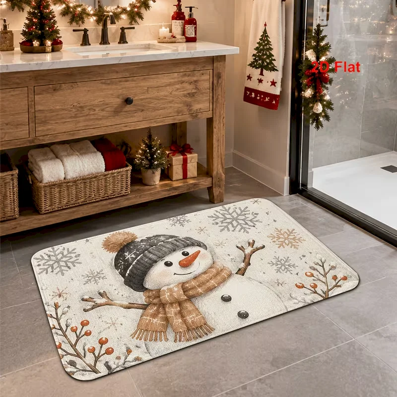 VIKAMA Christmas Doormat Non Slip Absorbent Washable Floor Mat Watercolor Snowman Scarf Hats Snowflakes Winter