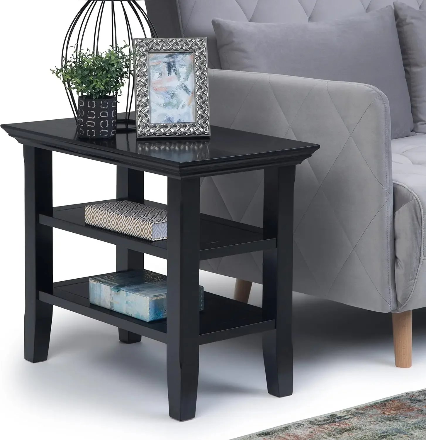 

Acadian Solid WOOD 14-дюймовый прямоугольный современный узкий приставной столик в деревенском стиле черного цвета с местом для хранения вещей, 2 полки