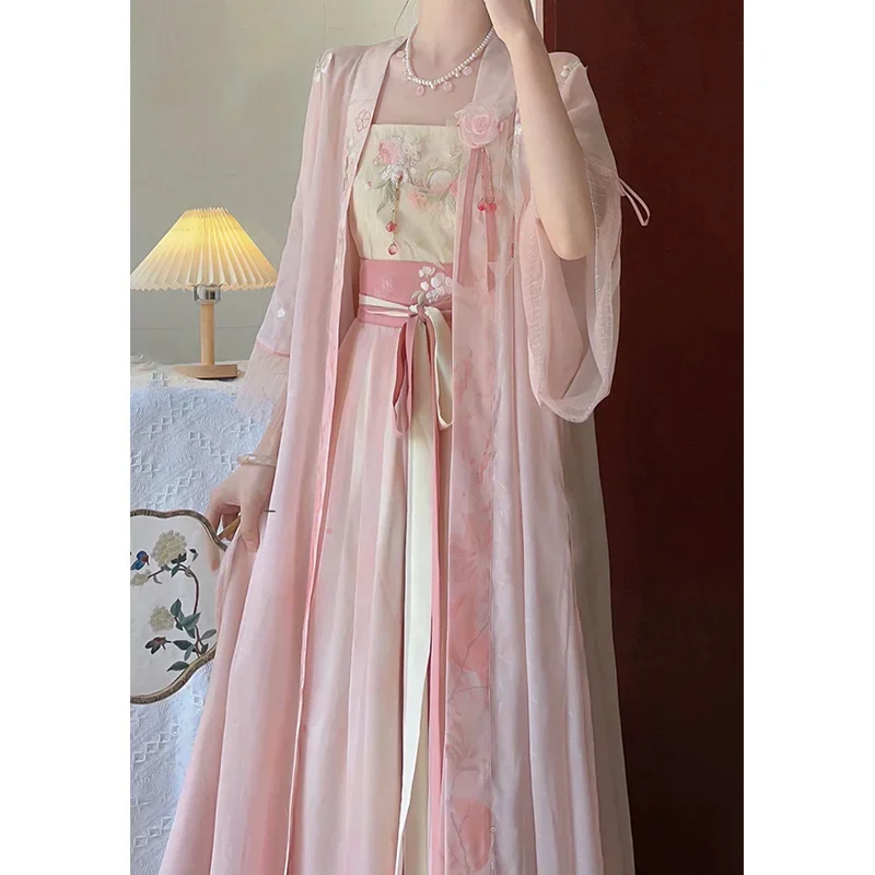 

2023 Summer Sweet Pink Hanfu Dress 3pcs Half Sleeve Robe Beige Sling Hanfu Skirt Carnival Princess Dresses Chinese Hanfu Women