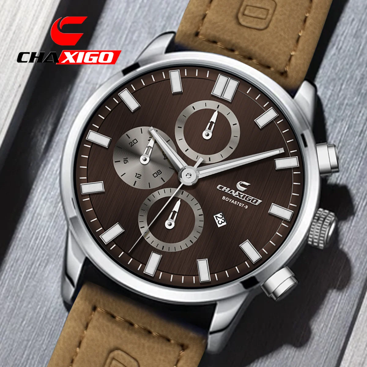 

CHAXIGO Men's Leather Strap Watch, 43.4mm Case, Luminous Hands, 3ATM Water Resistance Date Display Casual Business Watch