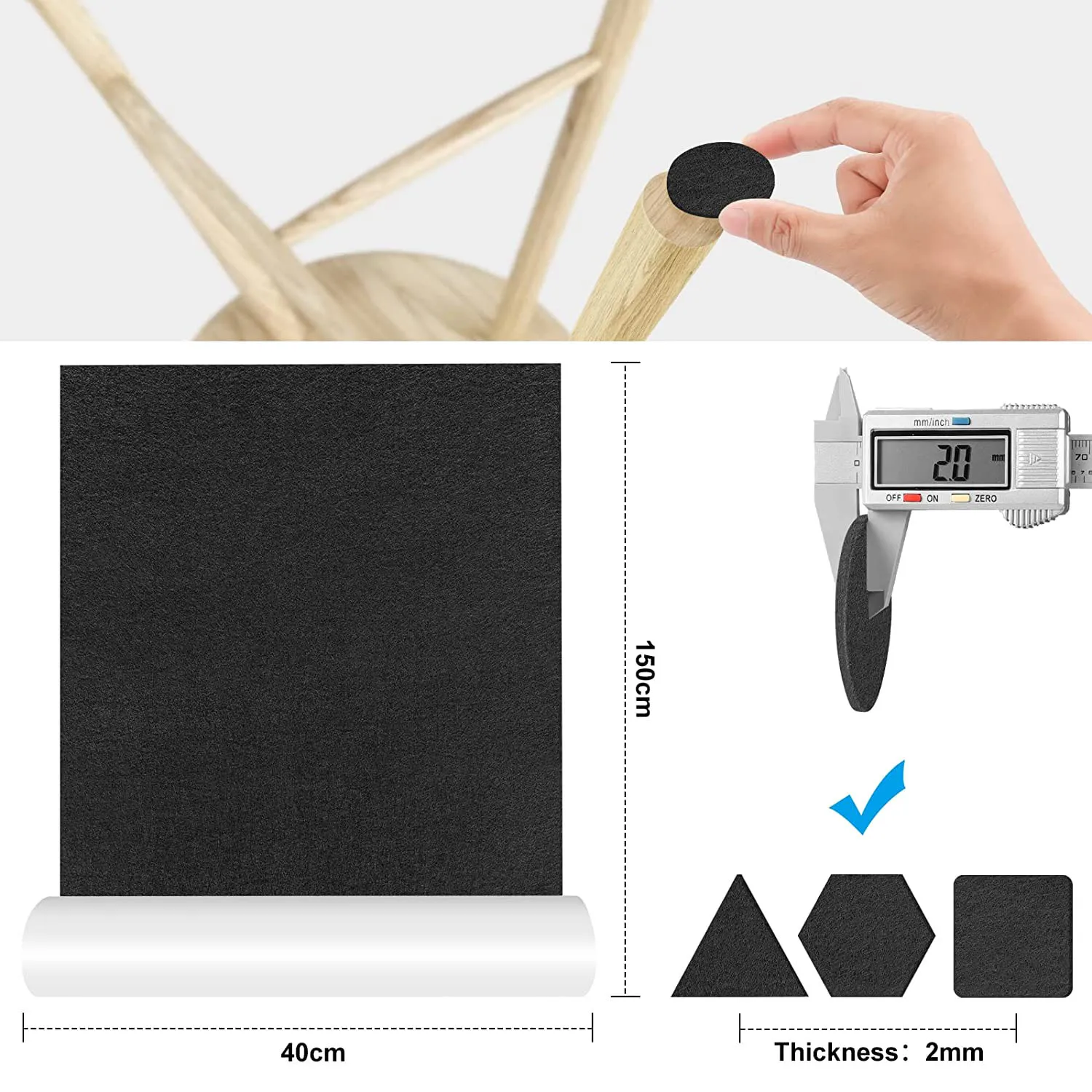 Self-Adhesive Felt Gliders,40 x 150 cm,Self-Adhesive Felt Pads, Furniture Gliders, Multi-Purpose Adhesive Mat Tape Black