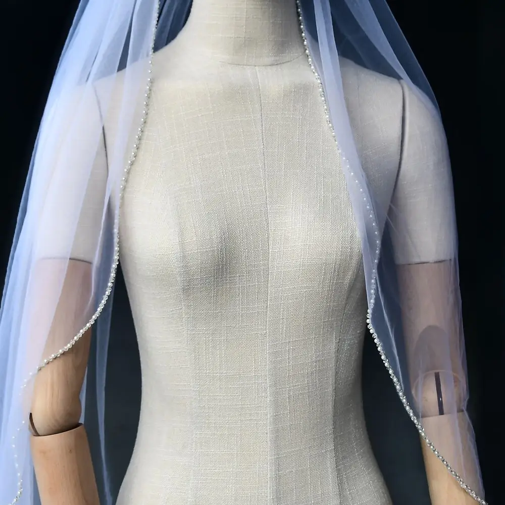 Wedding Veil with Crystal Edge Bridal Veils Pearls Beads Wedding Accessories for Bride1 Tier Fingertip Length Soft Tulle V34 image 4