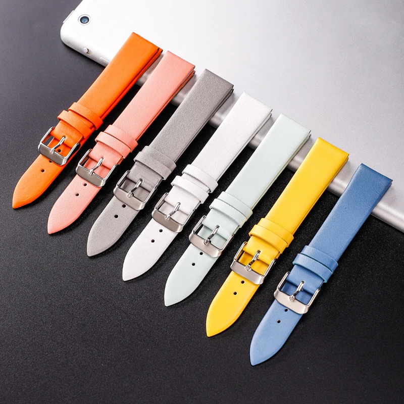 Cowhide Leather Watch Band Ultra Thin 12/14/16/18/20/22mm Watch Strap Plain Weave Needle Pattern Colorful Belt Replacement