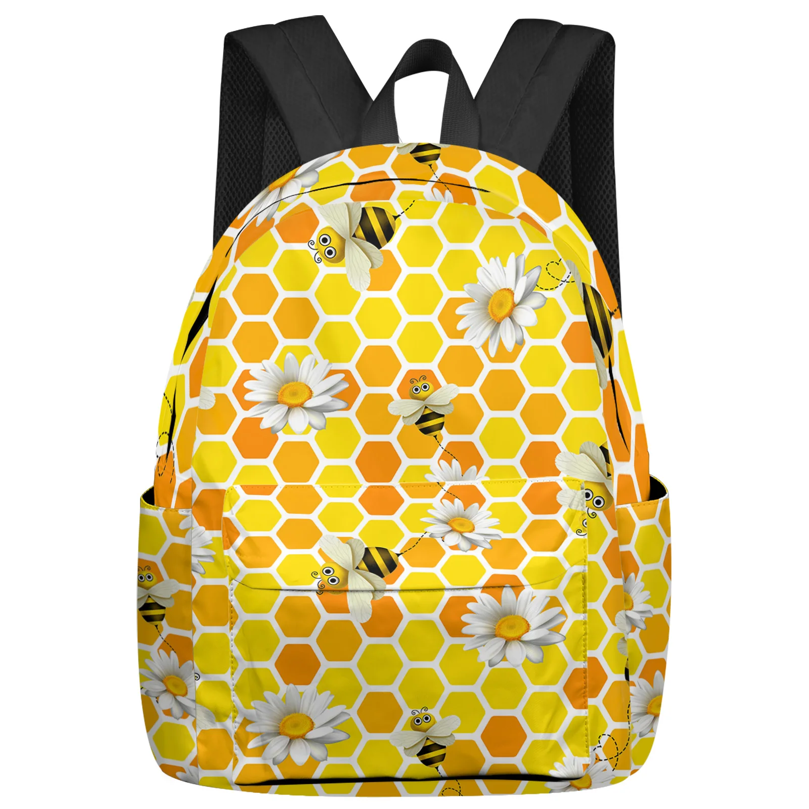 Spring Bee Daisy Honeycomb Texture Backpack Men Women's Fashion Travel Backpack High Capacity Student School Bags