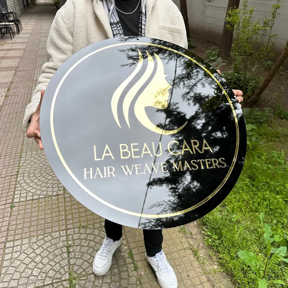 Black Acrylic Sign Custom Logo Sign Round Acrylic Business Salon Hair Salon Cafe Bar Door