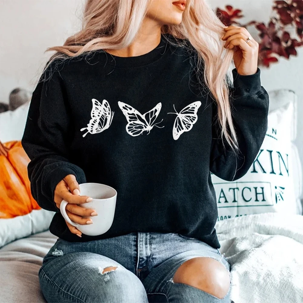 Butterfly Print Round-neck Women's Sweatshirts Harajuku Long Sleeve Casual Female Hoodie Street Aesthetic Clothes For Autumn