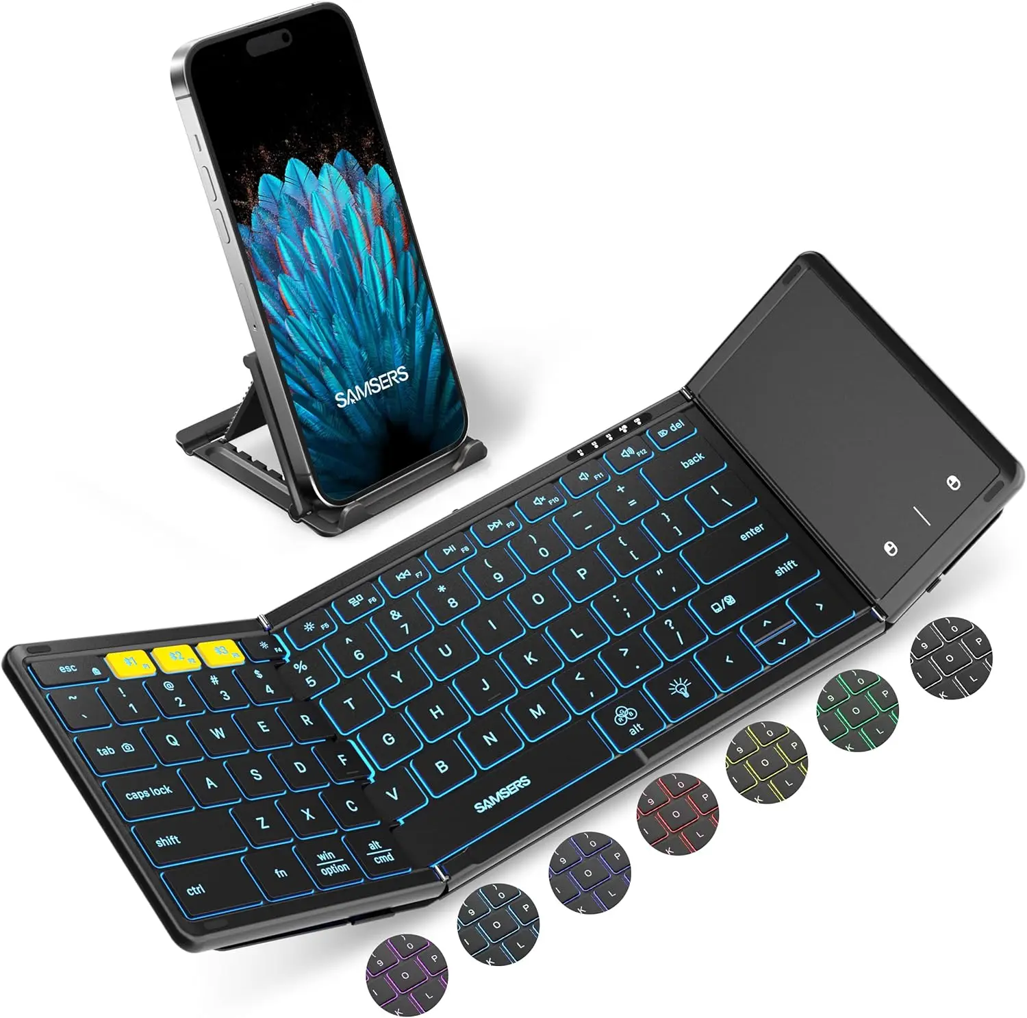 Foldable Bluetooth Keyboard with Touchpad, Backlit Wireless for iOS Android Windows Mac, Portable Travel Black