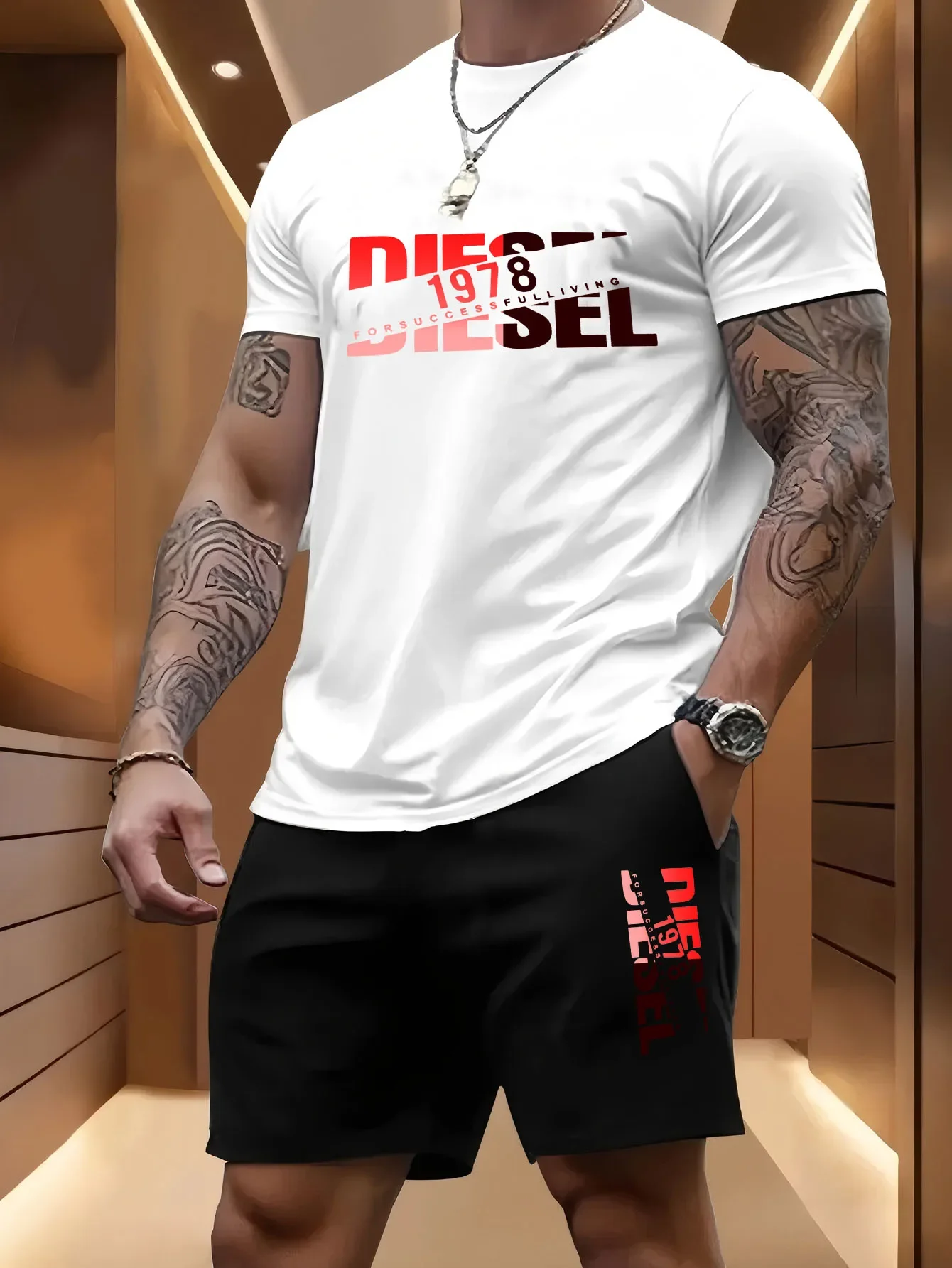 

2024 Men's Summer Fashion Short Sleeve T-shirt And Split Shorts 2-Piece Set Casual Sportswear Jogging Outfit for Men