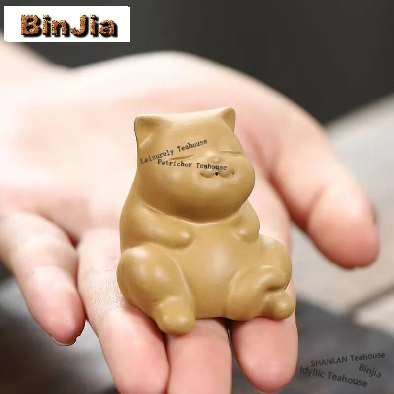 Cute Cat Purple Clay Tea Pet Handamde Fortune Cat Tea Figurine Toys Tea Ceremony Zisha Tea Statue for Tea Supplies Decoration
